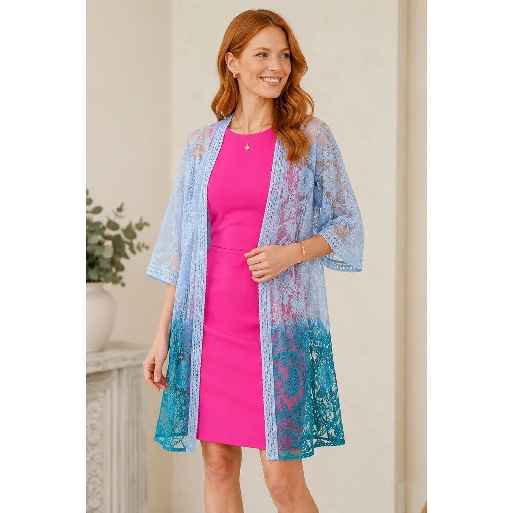 New Umgee L 12 14 Sheer Floral Lace Blue Ombre Duster Jacket Open Oversized